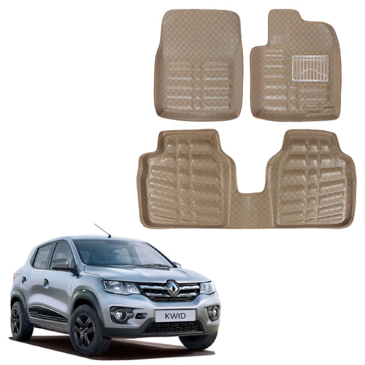 Oshotto 4D Artificial Leather Car Floor Mats For Renault Kwid - Set of 3 (2 pcs Front & one Long Single Rear pc) - Beige
