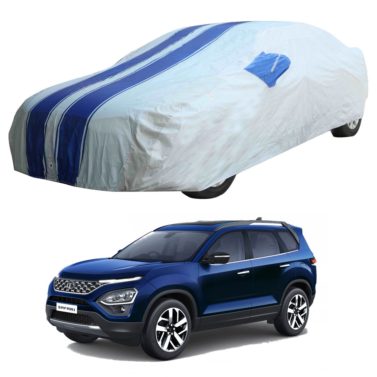 Oshotto 100% Blue dustproof and Water Resistant Car Body Cover with Mirror Pockets For Tata Safari 2021-2023