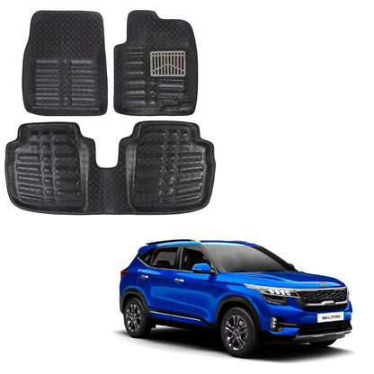 Oshotto 4D Artificial Leather Car Floor Mats For KIA Seltos - Set of 3 (2 pcs Front & one Long Single Rear pc) - Black