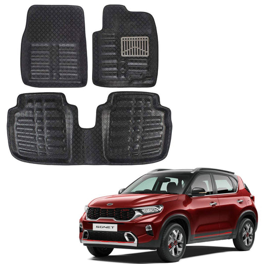 Oshotto 4D Artificial Leather Car Floor Mats For KIA Sonet - Set of 3 (2 pcs Front & one Long Single Rear pc) - Black