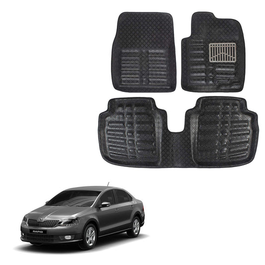 Oshotto 4D Artificial Leather Car Floor Mats For Skoda Rapid - Set of 3 (2 pcs Front & one Long Single Rear pc) - Black