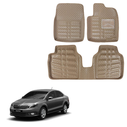 Oshotto 4D Artificial Leather Car Floor Mats For Skoda Rapid - Set of 3 (2 pcs Front & one Long Single Rear pc) - Beige