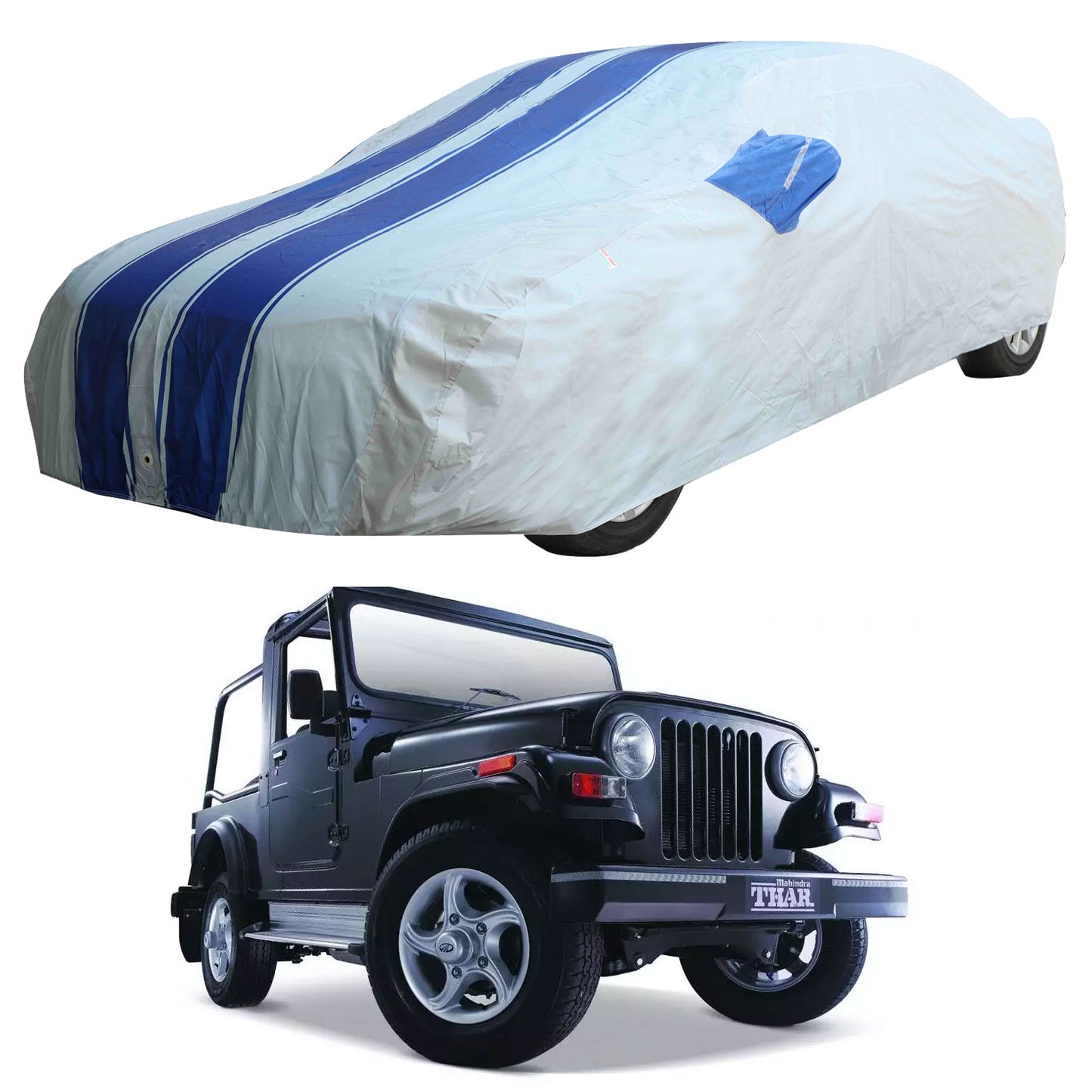 Oshotto 100% Blue dustproof and Water Resistant Car Body Cover with Mirror Pockets For Mahindra Thar