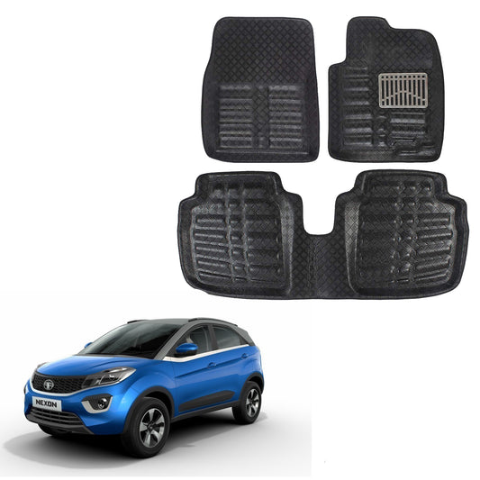Oshotto 4D Artificial Leather Car Floor Mats For Tata Nexon (2 pcs Front & one Long Single Rear pc) - Set of 3 - Black