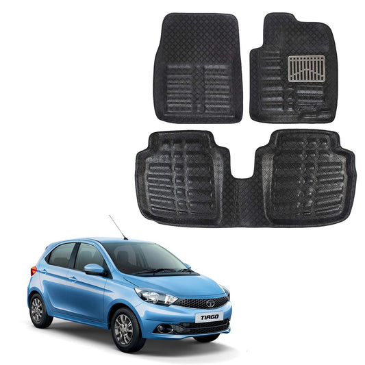 Oshotto 4D Artificial Leather Car Floor Mats For Tata Tiago - Set of 3 (2 pcs Front & one Long Single Rear pc) - Black