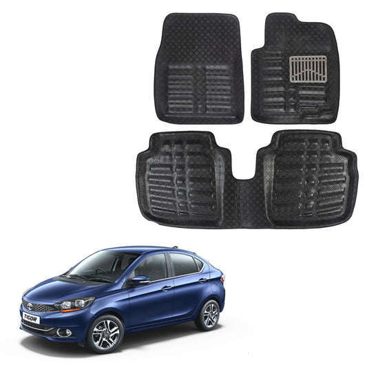 Oshotto 4D Artificial Leather Car Floor Mats For Tata Tigor - Set of 3 (2 pcs Front & one Long Single Rear pc) - Black