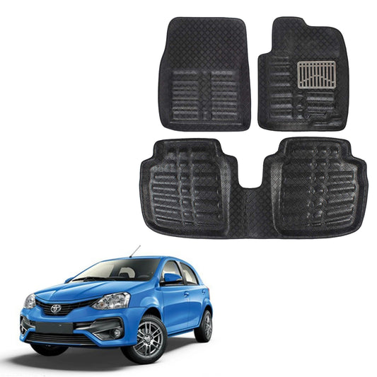 Oshotto 4D Artificial Leather Car Floor Mats For Toyota Etios Liva - Set of 3 (2 pcs Front & one Long Single Rear pc) - Black
