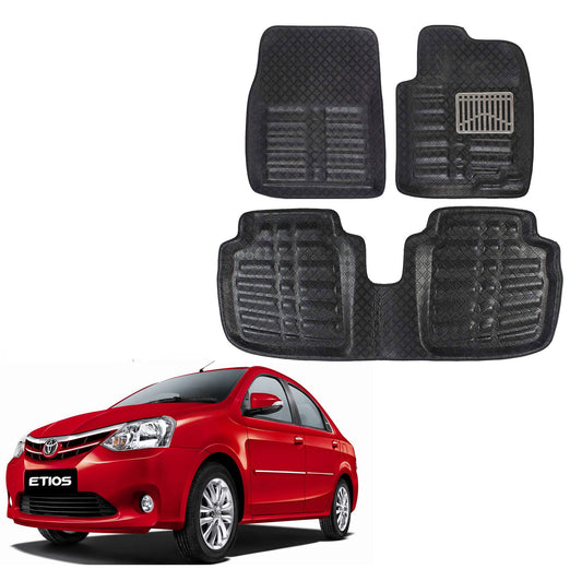 Oshotto 4D Artificial Leather Car Floor Mats For Toyota Etios - Set of 3 (2 pcs Front & one Long Single Rear pc) - Black