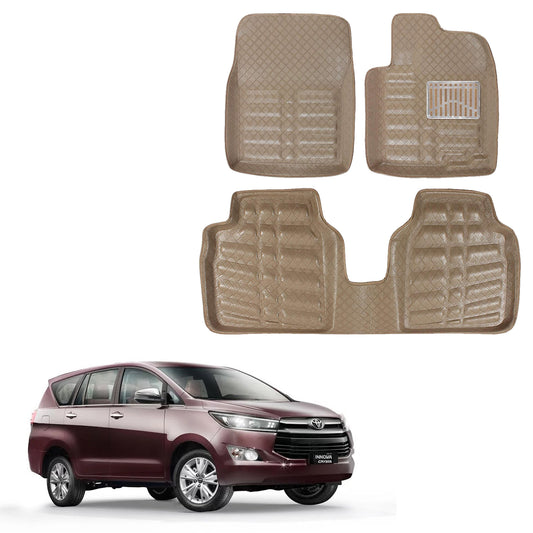 Oshotto 4D Artificial Leather Car Floor Mats For Toyota Innova Crysta - Set of 5 (Complete Mat with 3rd Row and Dicky) - Beige