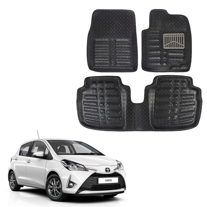 Oshotto 4D Artificial Leather Car Floor Mats For Toyota Yaris - Set of 3 (2 pcs Front & one Long Single Rear pc) - Black