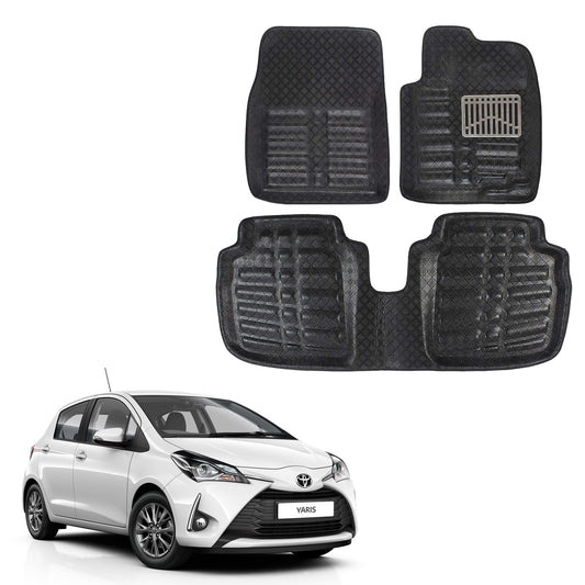 Oshotto 4D Artificial Leather Car Floor Mats For Toyota Yaris - Set of 3 (2 pcs Front & one Long Single Rear pc) - Black