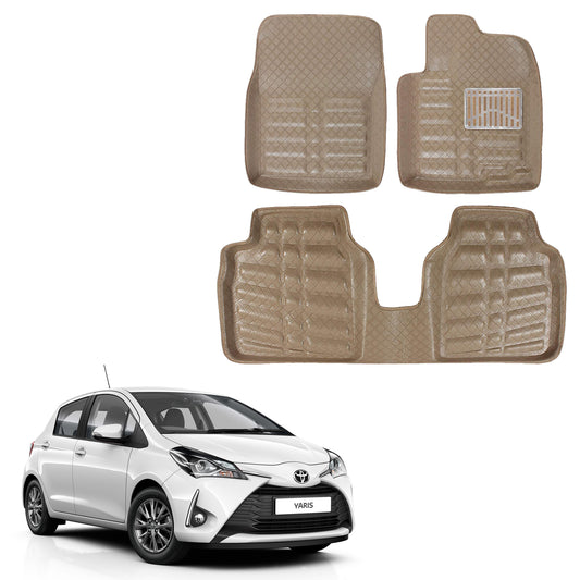 Oshotto 4D Artificial Leather Car Floor Mats For Toyota Yaris - Set of 3 (2 pcs Front & one Long Single Rear pc) - Beige