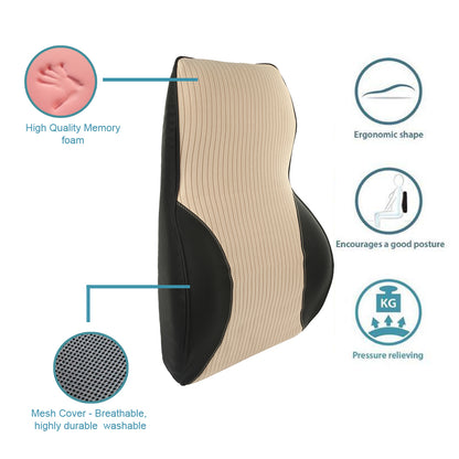 Oshotto Leatherite Finish Lumbar Support for Office Chair | Back Pillow for Car | Memory Foam Orthopedic Cushion - Provides Low Back Support (Beige, Black)