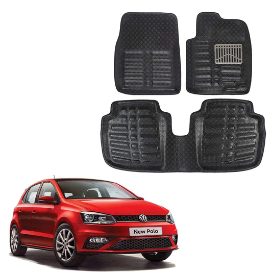 Oshotto 4D Artificial Leather Car Floor Mats For Volkswagen Polo - Set of 3 (2 pcs Front & one Long Single Rear pc) - Black