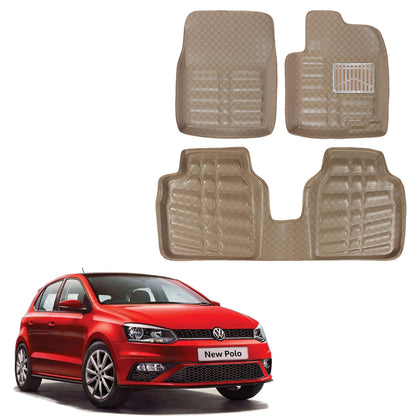 Oshotto 4D Artificial Leather Car Floor Mats For Volkswagen Polo - Set of 3 (2 pcs Front & one Long Single Rear pc) - Beige