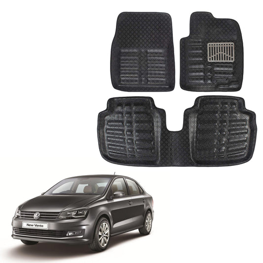 Oshotto 4D Artificial Leather Car Floor Mats For Volkswagen Vento - Set of 3 (2 pcs Front & one Long Single Rear pc) - Black
