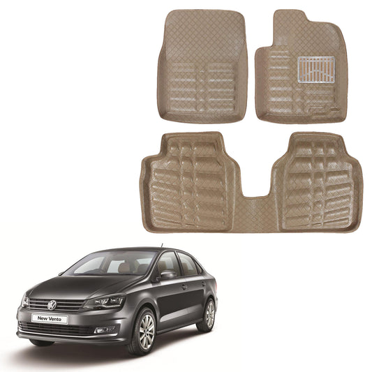 Oshotto 4D Artificial Leather Car Floor Mats For Volkswagen Vento - Set of 3 (2 pcs Front & one Long Single Rear pc) - Beige