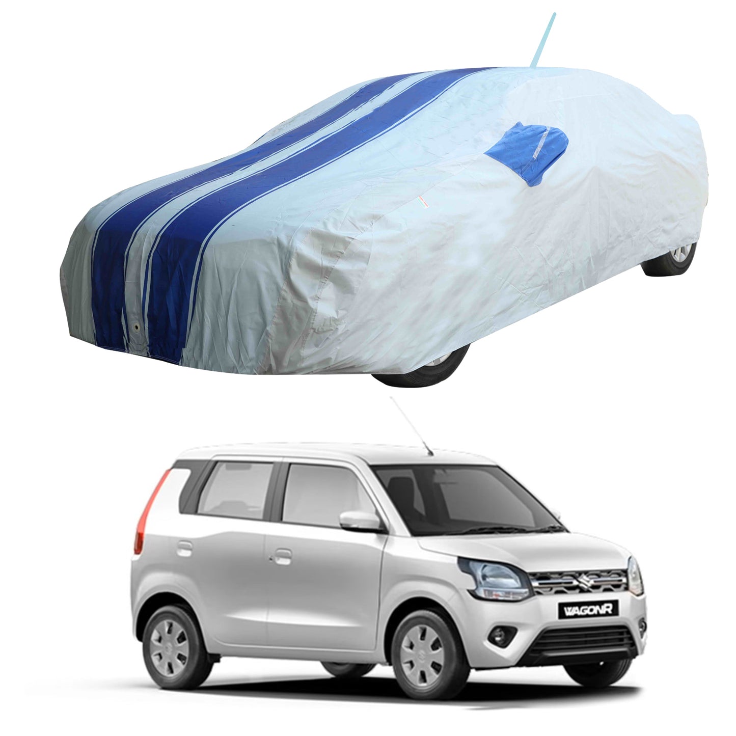 Oshotto 100% Blue dustproof and Water Resistant Car Body Cover with Mirror & Antenna Pockets For Maruti Suzuki WagonR 2019-2023