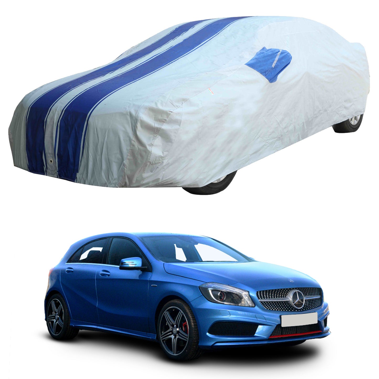Oshotto X5 Grey/Blue 100% Anti Reflective, dustproof and Water Resistant Car Body Cover with Mirror Pockets For Mercedes A-Class A-180 (2015-2019)