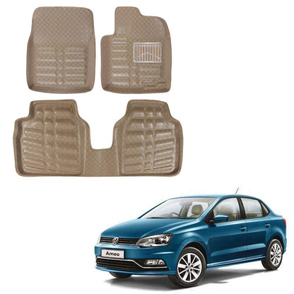 Oshotto 4D Artificial Leather Car Floor Mats For Volkswagen Ameo - Set of 3 (2 pcs Front & one Long Single Rear pc) - Beige