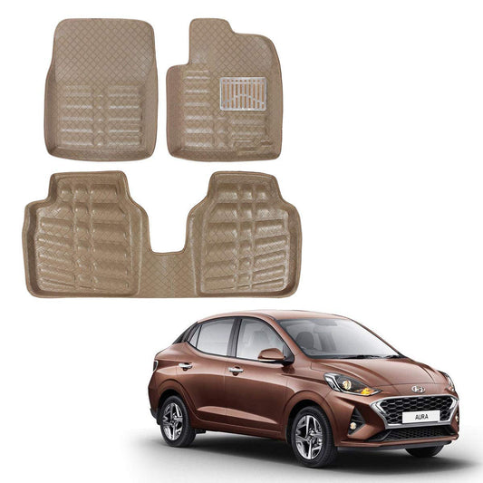 Oshotto 4D Artificial Leather Car Floor Mats For Hyundai Aura - Set of 3 (2 pcs Front & one Long Single Rear pc) - Beige