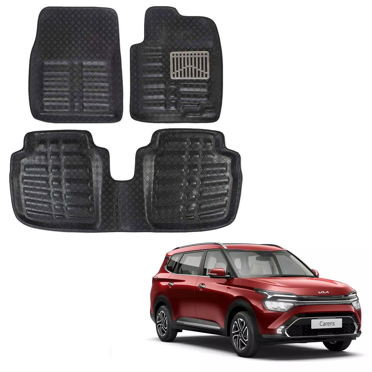 Oshotto 4D Artificial Leather Car Floor Mats For KIA Carens - Set of 5 (Complete Mat with 3rd Row and Dicky) - Black