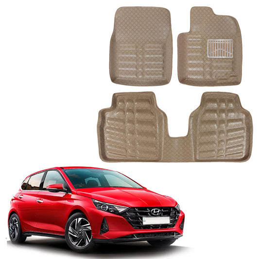 Oshotto 4D Artificial Leather Car Floor Mats For Hyundai i20 (2020-2023) - Set of 3 (2 pcs Front & one Long Single Rear pc) - Beige