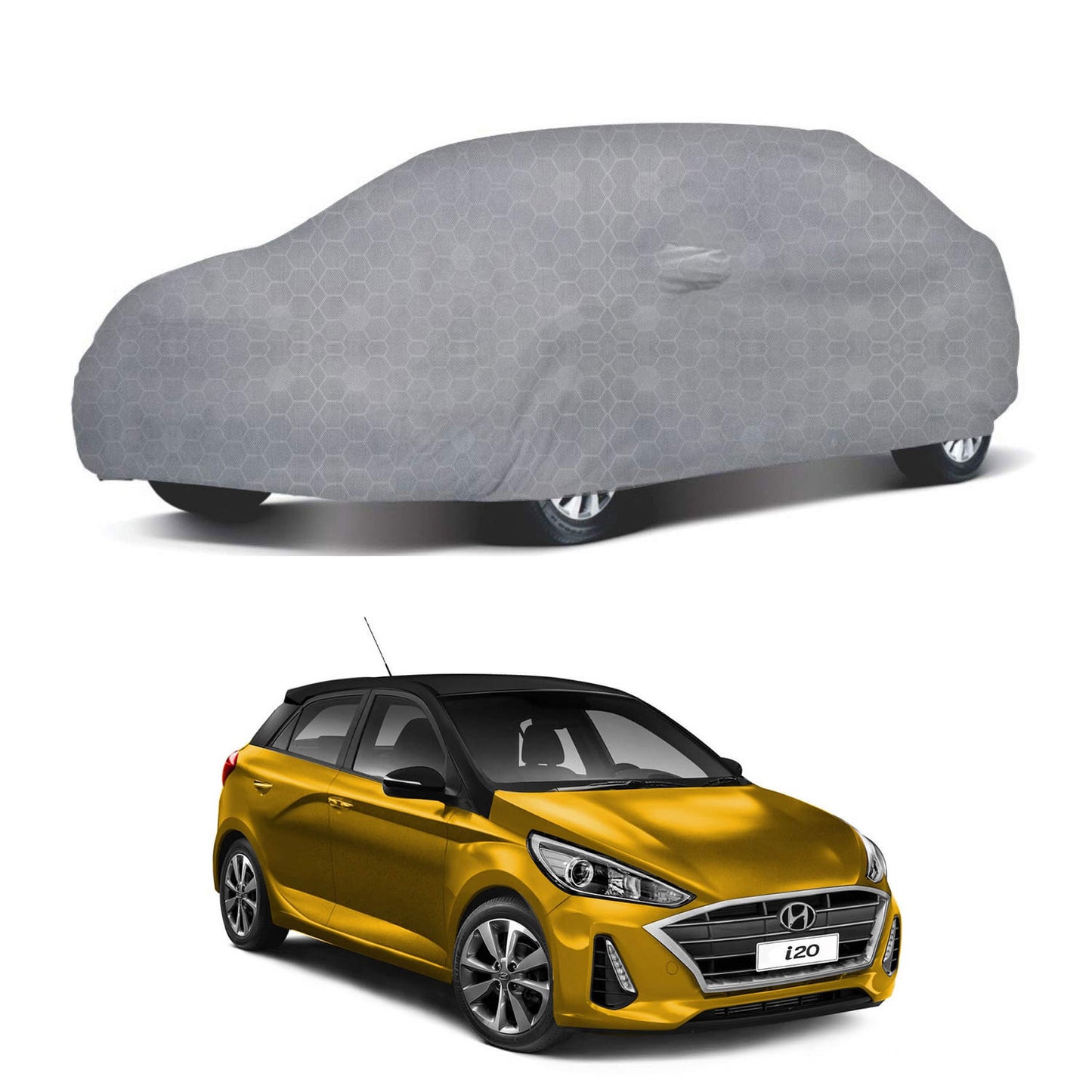 Oshotto 100% Dust Proof, Water Resistant Grey Car Body Cover with Mirror Pockets For Hyundai i20 (2020-2023)