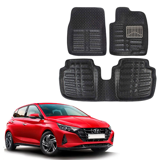 Oshotto 4D Artificial Leather Car Floor Mats For Hyundai i20 (2020-2023) - Set of 3 (2 pcs Front & one Long Single Rear pc) - Black