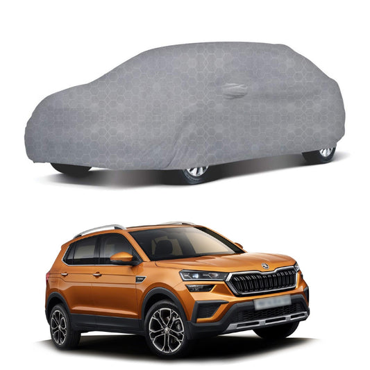 Oshotto 100% Dust Proof, Water Resistant Grey Car Body Cover with Mirror Pockets For Skoda Kushaq