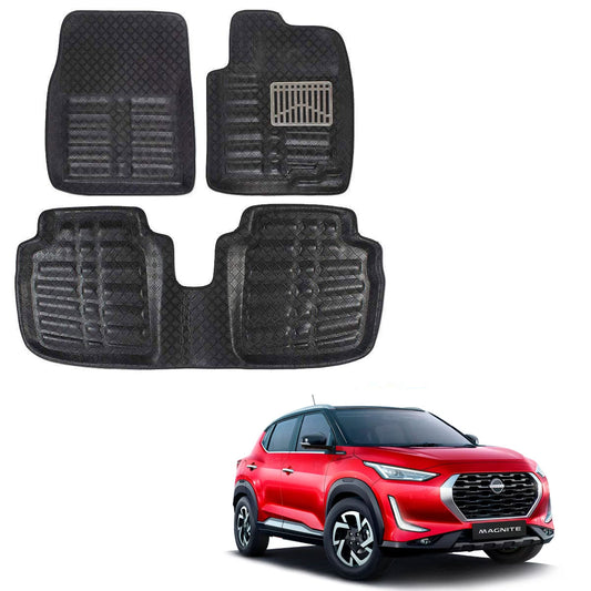 Oshotto 4D Artificial Leather Car Floor Mats For Nissan Magnite - Set of 3 (2 pcs Front & one Long Single Rear pc) - Black