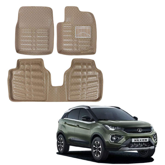 Oshotto 4D Artificial Leather Car Floor Mats For Tata Nexon - Set of 3 (2 pcs Front & one Long Single Rear pc) - Beige