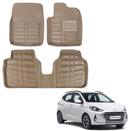 Oshotto 4D Artificial Leather Car Floor Mats For Hyundai Grand i10 Nios - Set of 3 (2 pcs Front & one Long Single Rear pc) - Beige