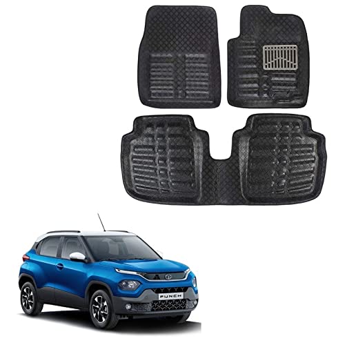 Oshotto 4D Artificial Leather Car Floor Mats For Tata Punch - Set of 3 (2 pcs Front & one Long Single Rear pc) - Black