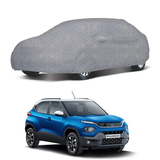 Oshotto 100% Dust Proof, Water Resistant Grey Car Body Cover with Mirror Pockets For Tata Punch