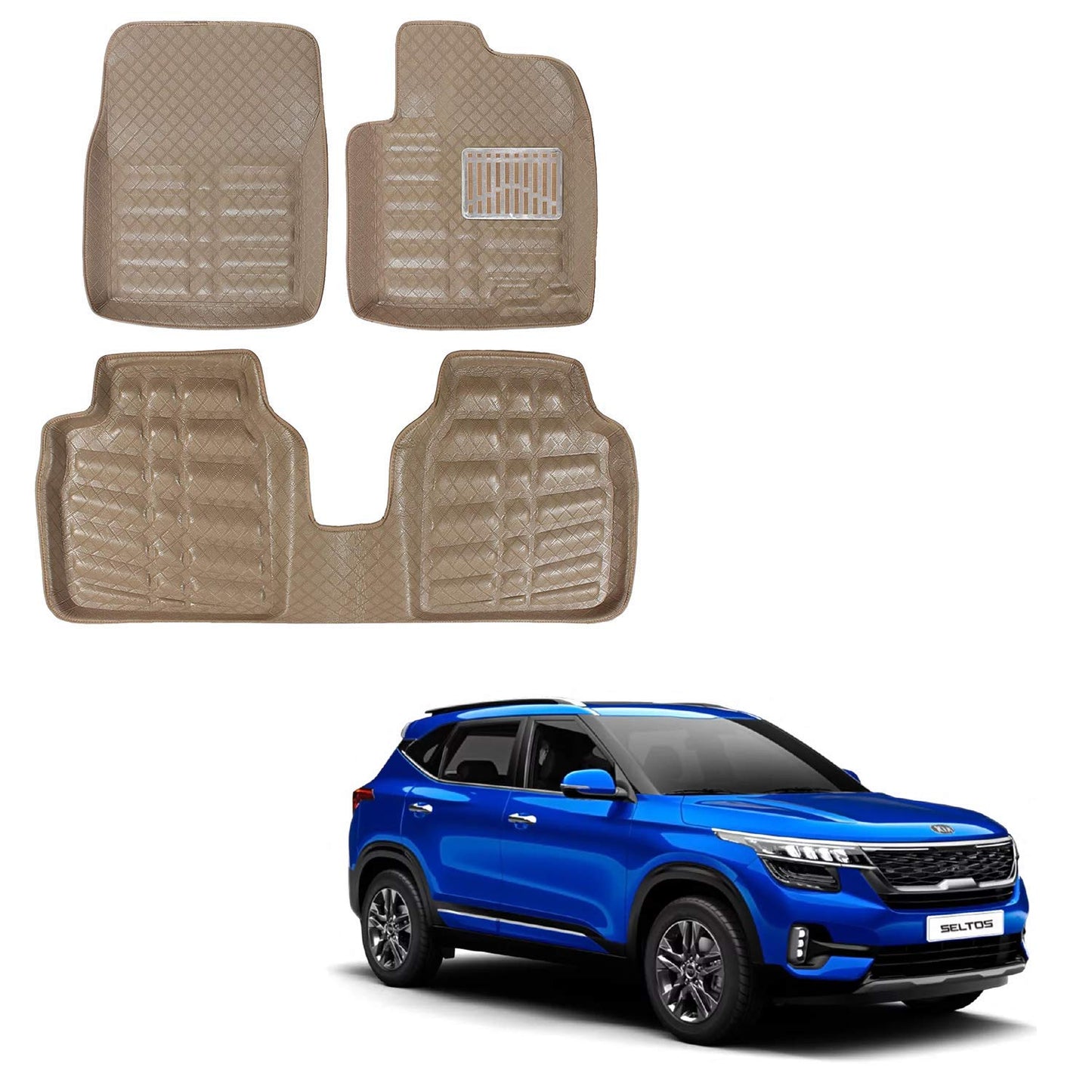 Oshotto 4D Artificial Leather Car Floor Mats For KIA Seltos - Set of 3 (2 pcs Front & one Long Single Rear pc) - Beige