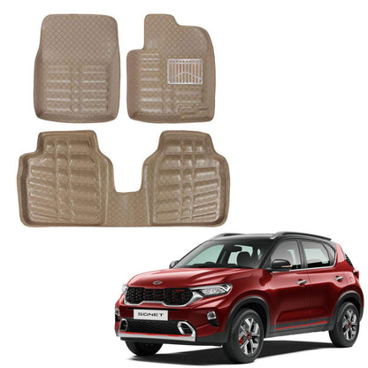 Oshotto 4D Artificial Leather Car Floor Mats For KIA Sonet - Set of 3 (2 pcs Front & one Long Single Rear pc) - Beige