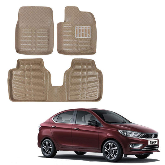 Oshotto 4D Artificial Leather Car Floor Mats For Tata Tigor - Set of 3 (2 pcs Front & one Long Single Rear pc) - Beige