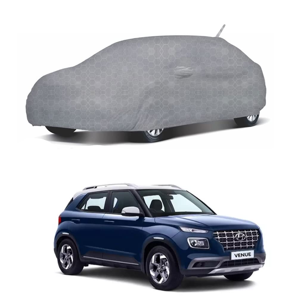 Oshotto 100% Dust Proof, Water Resistant Grey Car Body Cover with Mirror & Antenna Pocket For Hyundai Venue