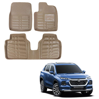 Oshotto 4D Artificial Leather Car Floor Mats For Maruti Suzuki Grand Vitara 2022 Onwards - Set of 3 (2 pcs Front & one Long Single Rear pc) - Beige