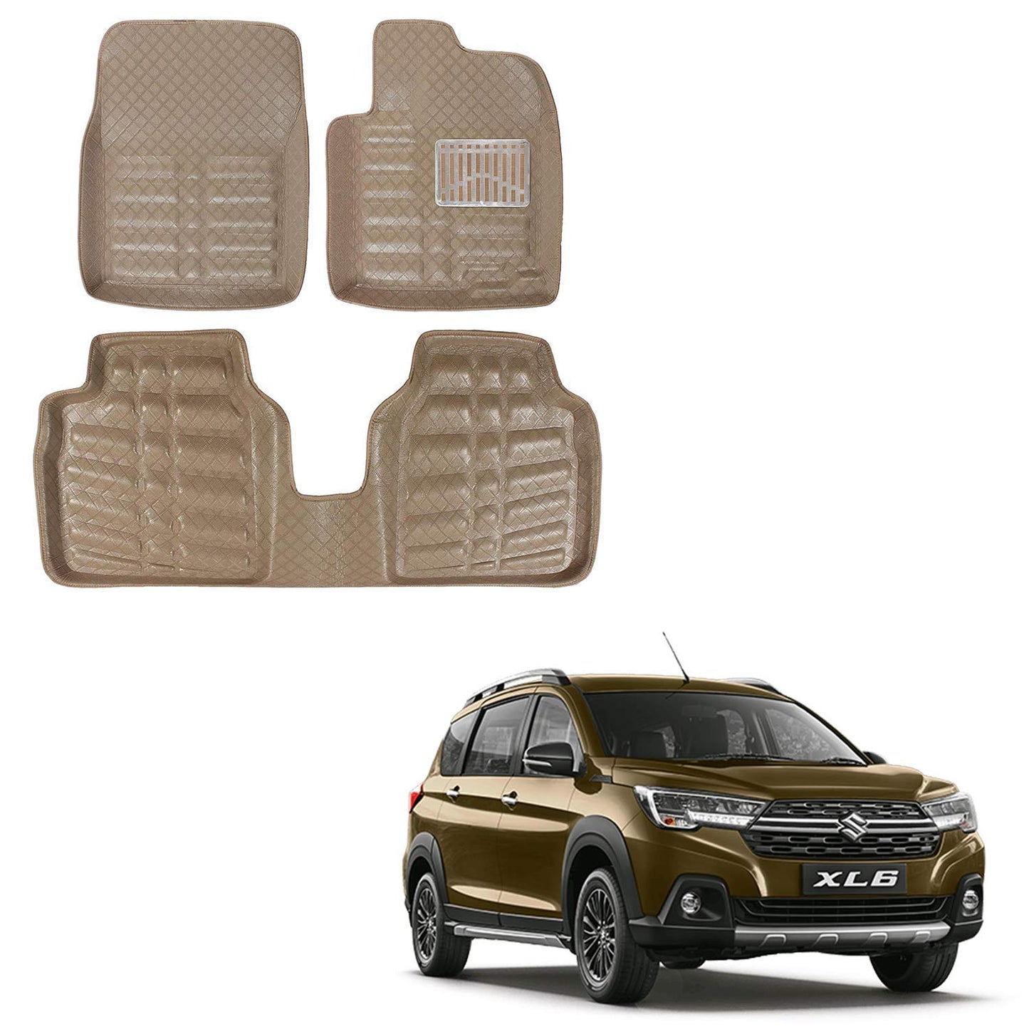 Oshotto 4D Artificial Leather Car Floor Mats For Maruti Suzuki XL6 - Set of 4 (Complete Mat with Third Row) - Beige