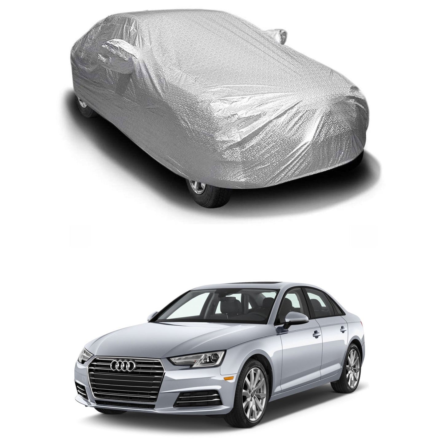 Oshotto Spyro Silver Anti Reflective, dustProof Silver and Water Proof Silver Car Body Cover with Mirror Pockets For Audi A4 2017-2023