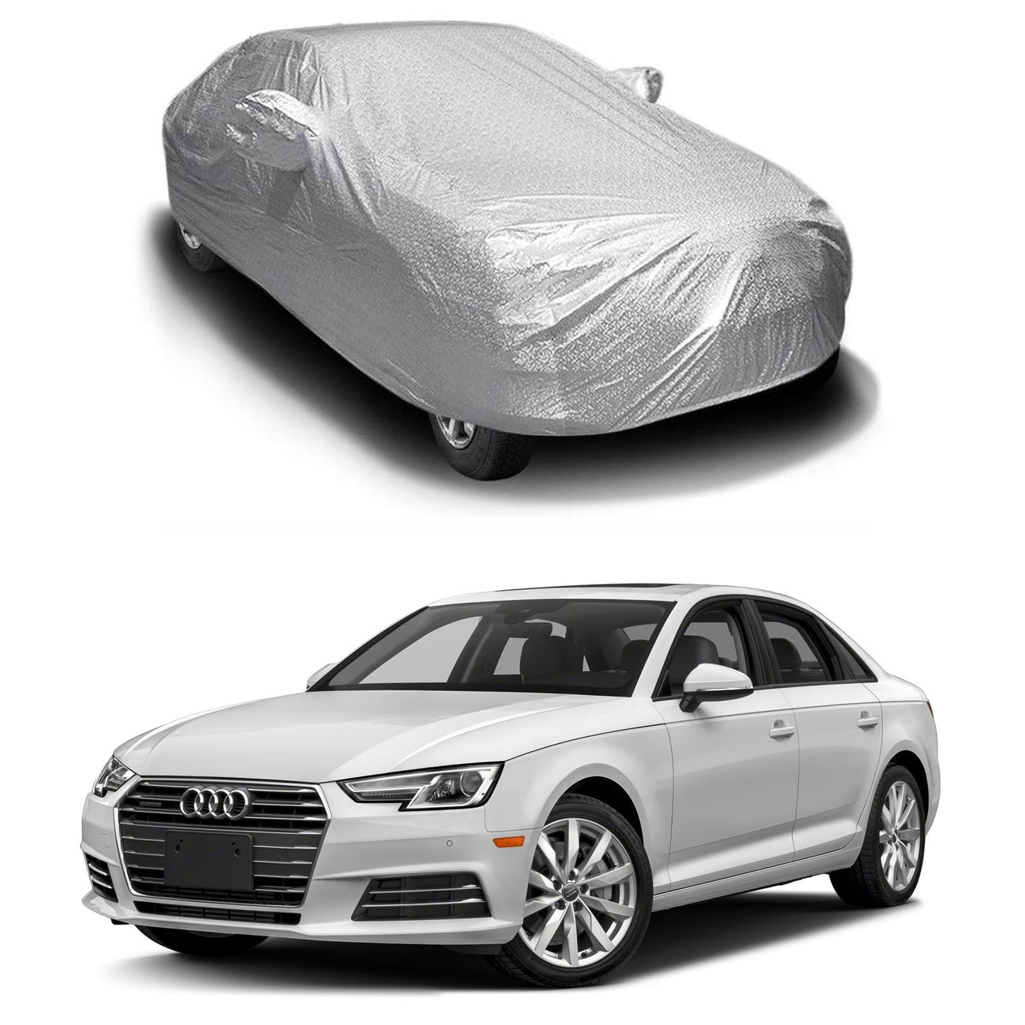 Oshotto Spyro Silver Anti Reflective, dustProof Silver and Water Proof Silver Car Body Cover with Mirror Pockets For Audi A4 (2010-2016)