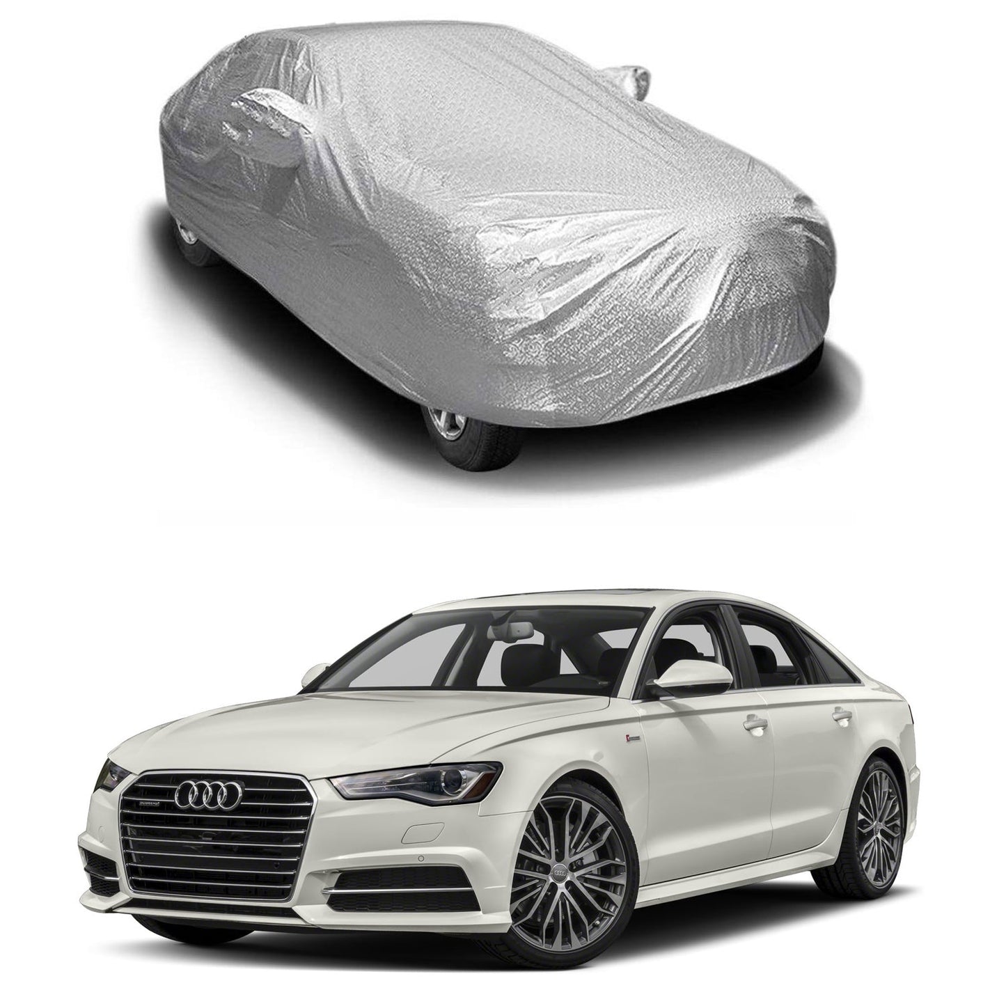 Oshotto Spyro Silver Anti Reflective, dustProof Silver and Water Proof Silver Car Body Cover with Mirror Pockets For Audi A6