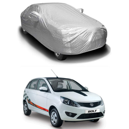 Oshotto Spyro Silver Anti Reflective, dustproof and Water Proof Car Body Cover with Mirror Pockets For Tata Bolt