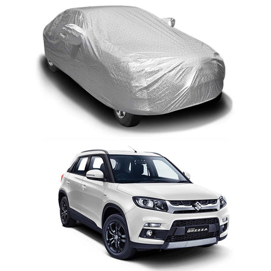 Oshotto Spyro Silver Anti Reflective, dustproof and Water Proof Car Body Cover with Mirror Pockets For Maruti Suzuki Brezza