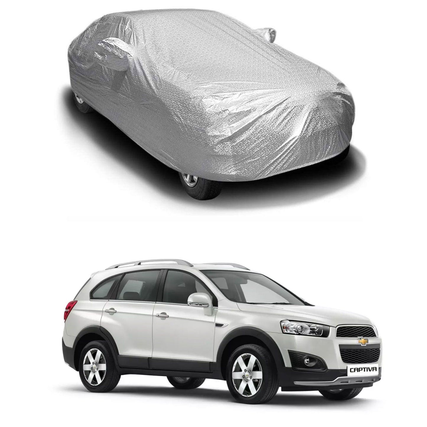Oshotto Spyro Silver Anti Reflective, dustProof Silver and Water Proof Silver Car Body Cover with Mirror Pockets For Chevrolet Captiva