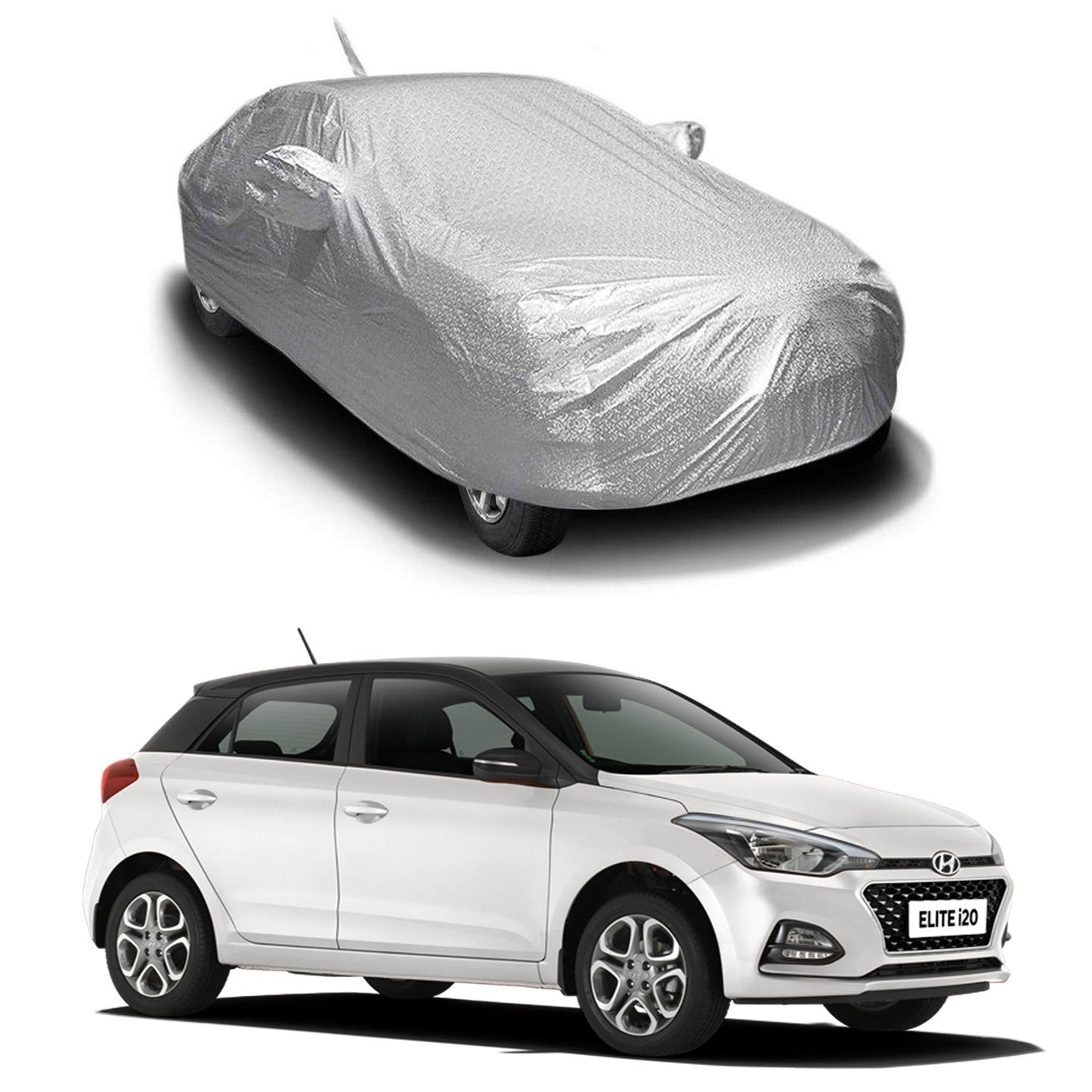 Oshotto Spyro Silver Anti Reflective, dustproof and Water Proof Car Body Cover with Mirror Pockets For Hyundai i20 Elite/Active 2014-2023 (with Antenna Pocket)