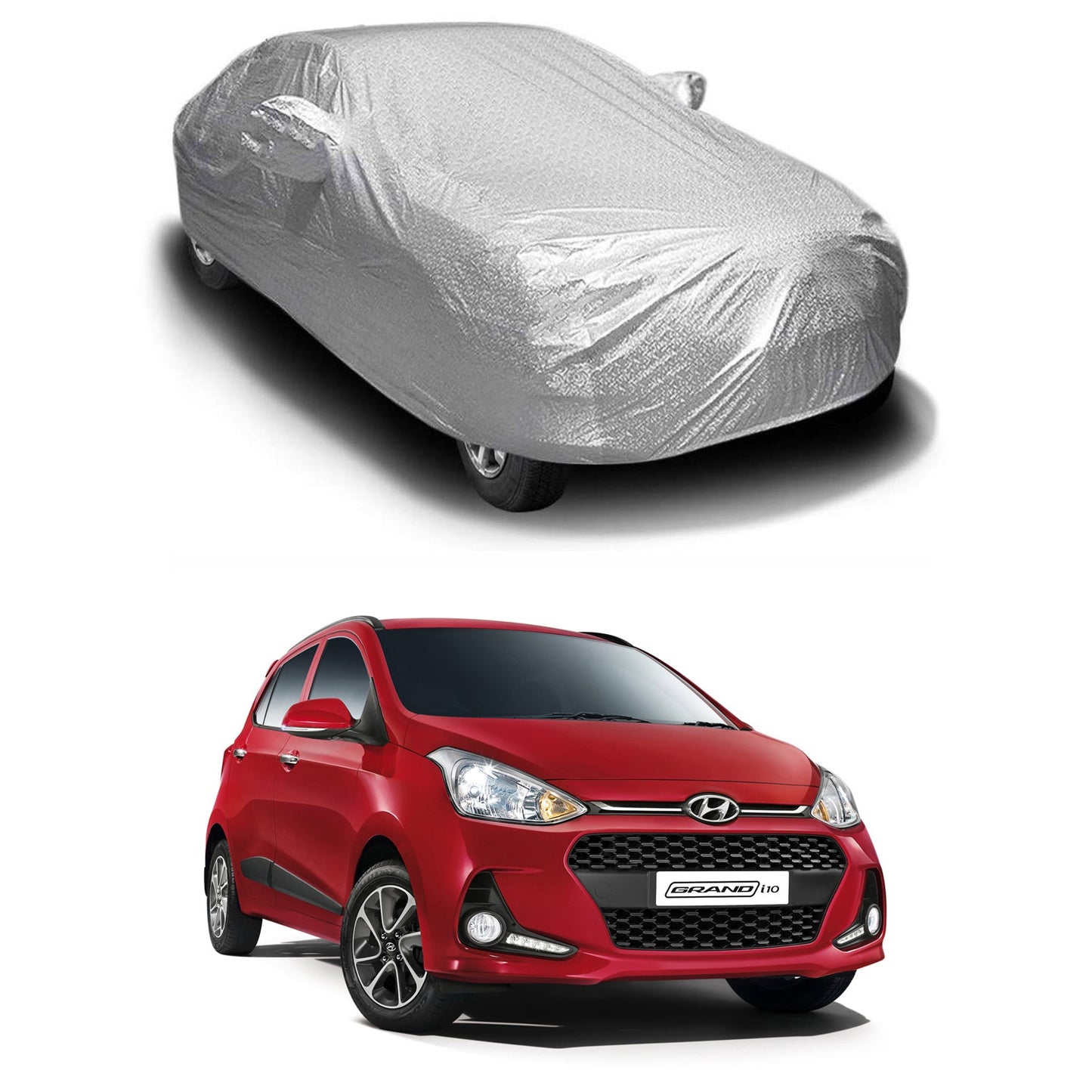 Oshotto Spyro Silver Anti Reflective, dustproof and Water Proof Car Body Cover with Mirror Pockets For Hyundai i10 Grand