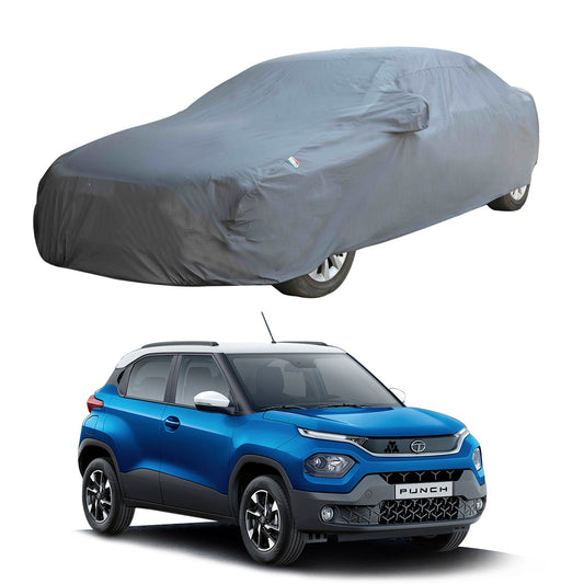 Oshotto Dark Grey 100% Anti Reflective, dustproof and Water Proof Car Body Cover with Mirror Pockets For Tata Punch